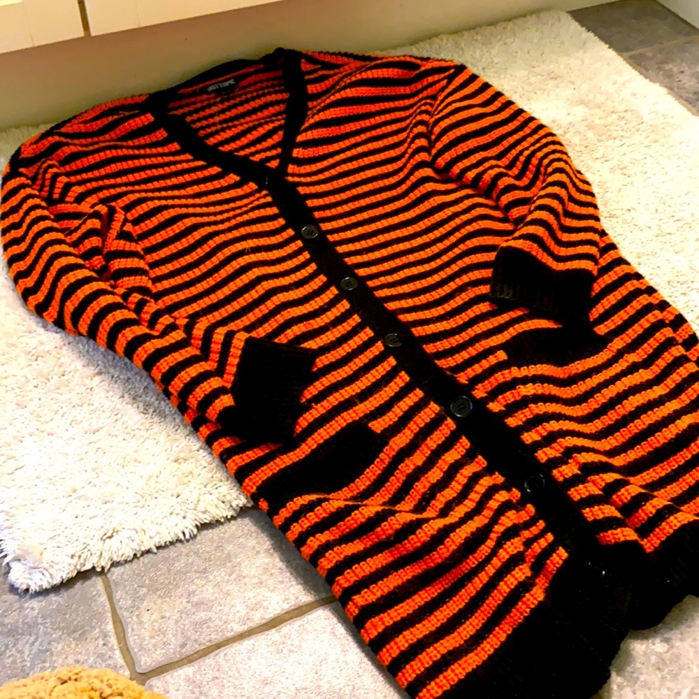 Orange and black striped long sweater